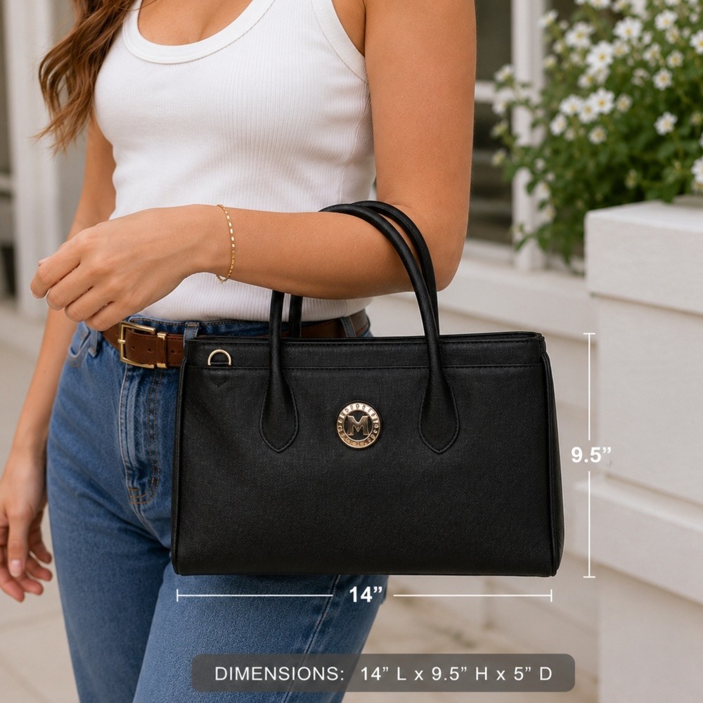 Metrocity Black Saffiano Leather‎ Tote Handbag Gold Medallion Crossbody Strap
